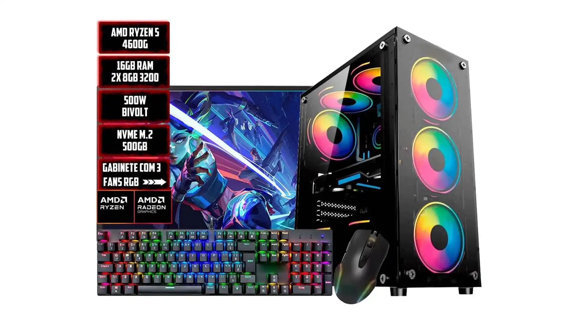 PC Gamer Completo Ryzen 5 4600G 16GB SSD 500GB Monitor 19.5
